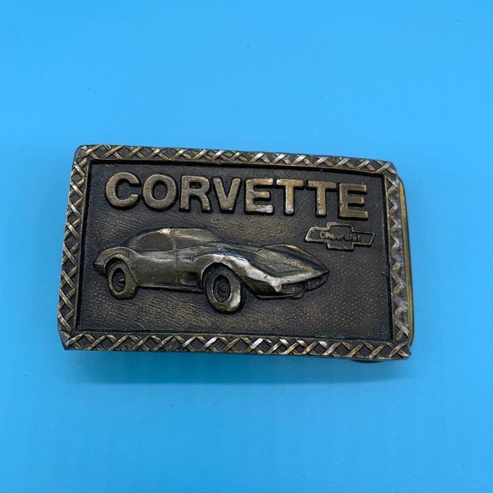 Vintage Chevrolet Corvette Metal Brass Tone Belt Buckle Raised Design